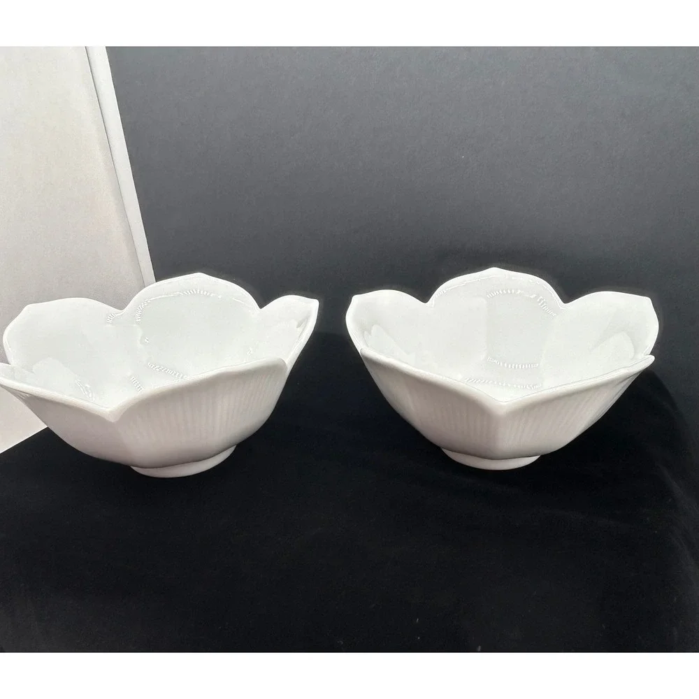 Pier 1 White Porcelain Lotus Flower Petal Ribbed Bowls Set of 2 Minimalist 5.5in
